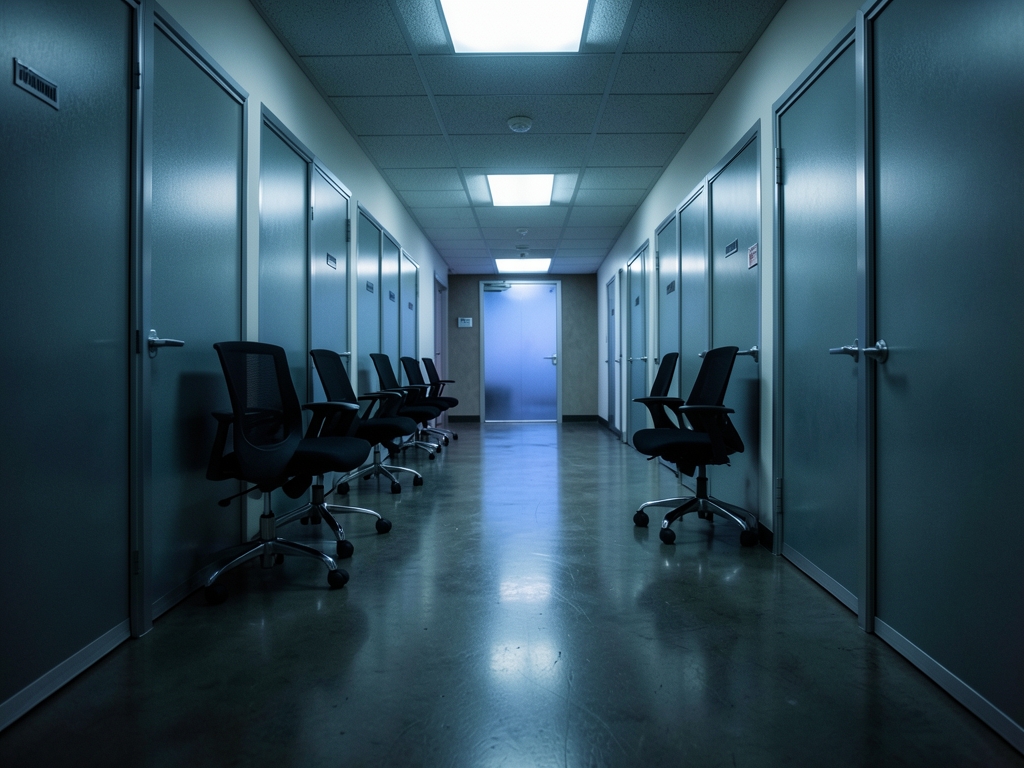 corporate hallway dusk polished concrete floors reflecting pale