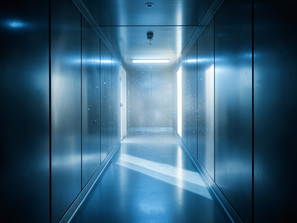 narrow bank vault corridor with steel walls single shaft