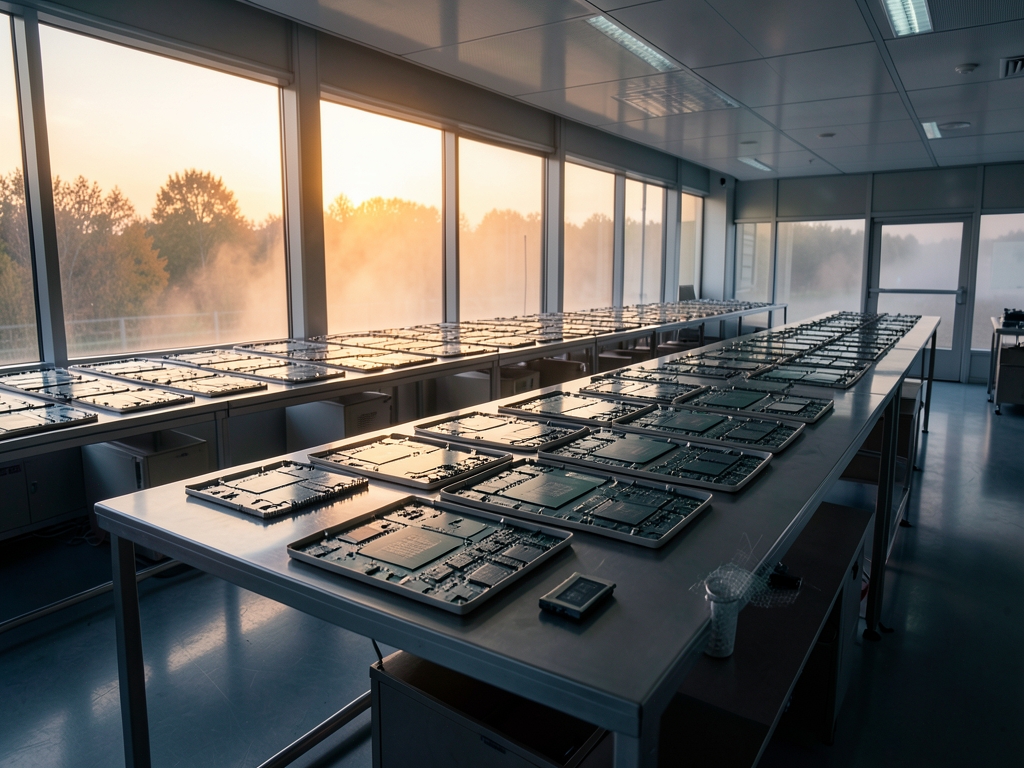vast cleanroom dusk late autumn rows circuit board