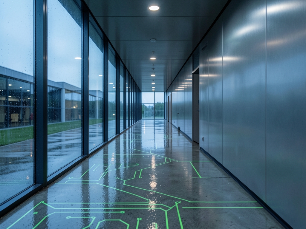 rain soaked glass corridor modern technology campus twilight reflections