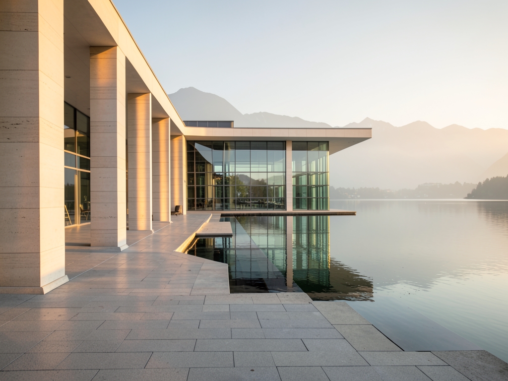 grand modernist lakeside plaza Geneva golden hour pale