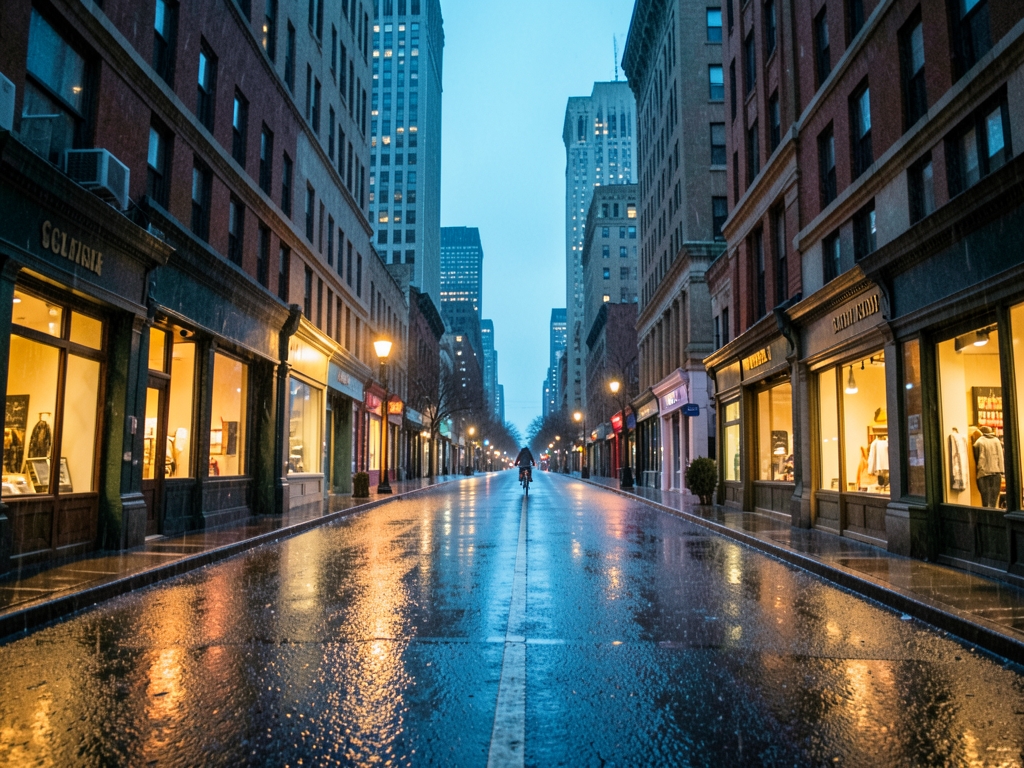 Dusk view down long straight avenue receding toward