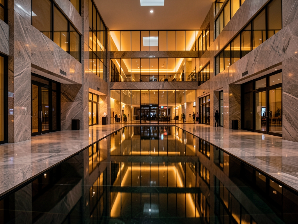 vast atrium polished marble warm amber light filtering