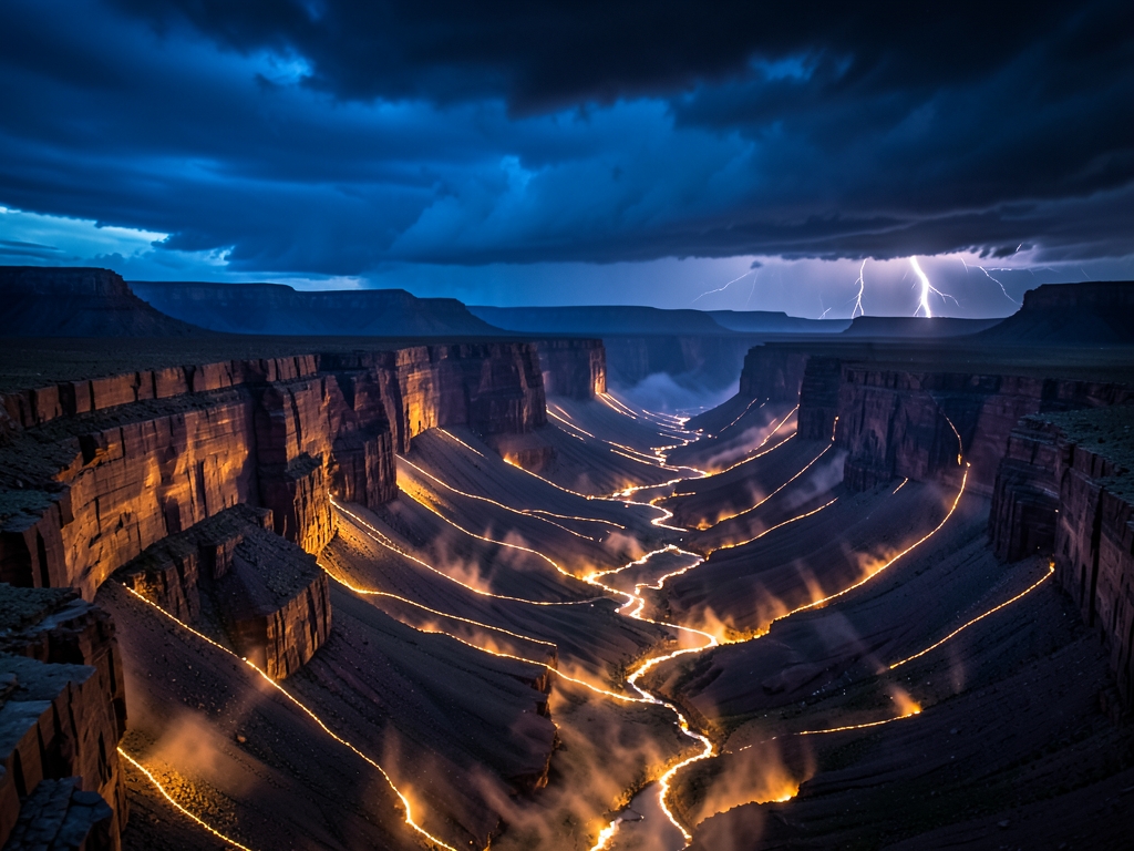 stormy twilight over sprawling desert canyon where countless