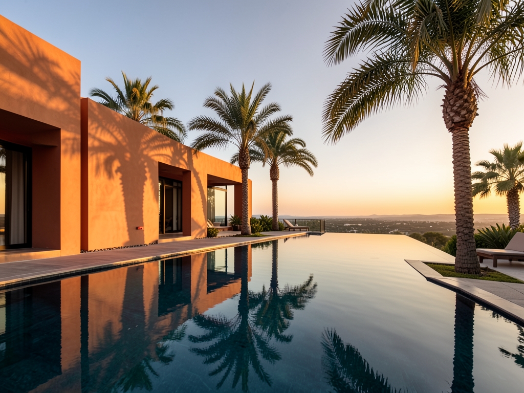 sunlit resort hotel with warm terracotta walls palm