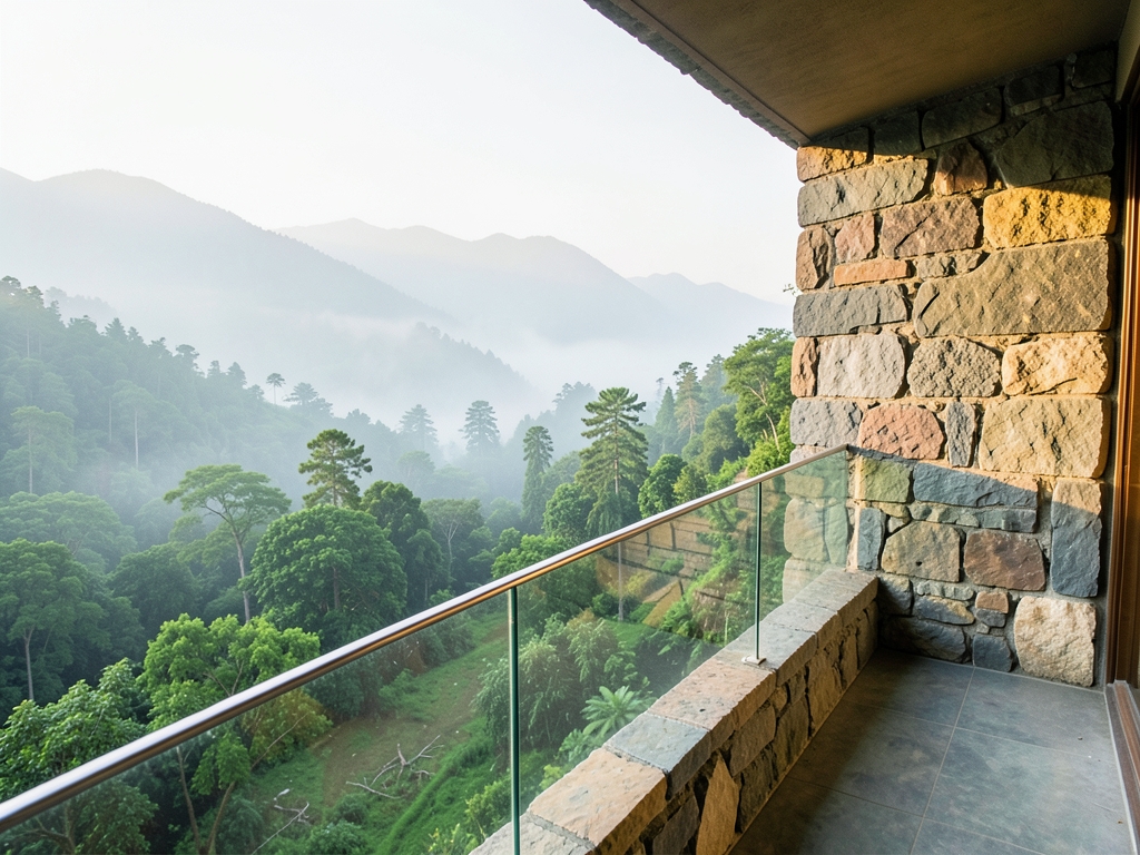 misty morning view from balcony overlooking lush valley