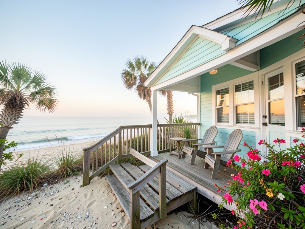 pastel colored beachfront cottage with white trim wooden porch