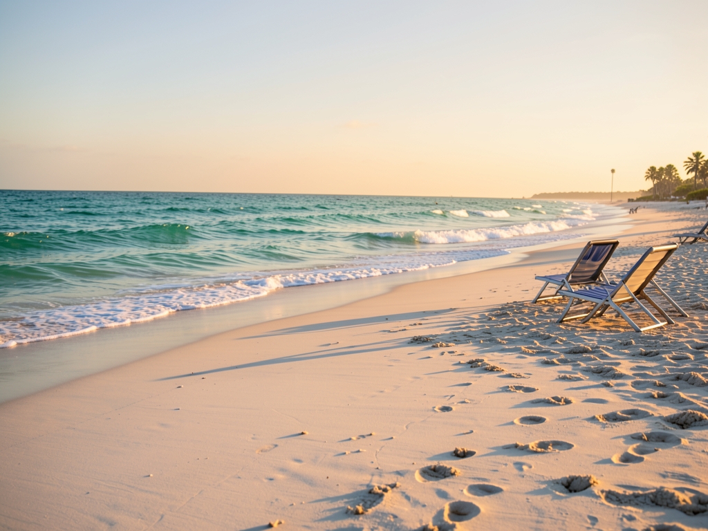 wide shot Pensacola Beach shoreline late September soft
