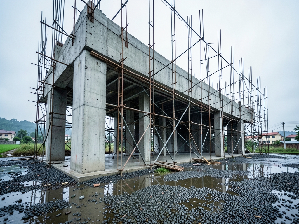 half built concrete structure under overcast morning light steel
