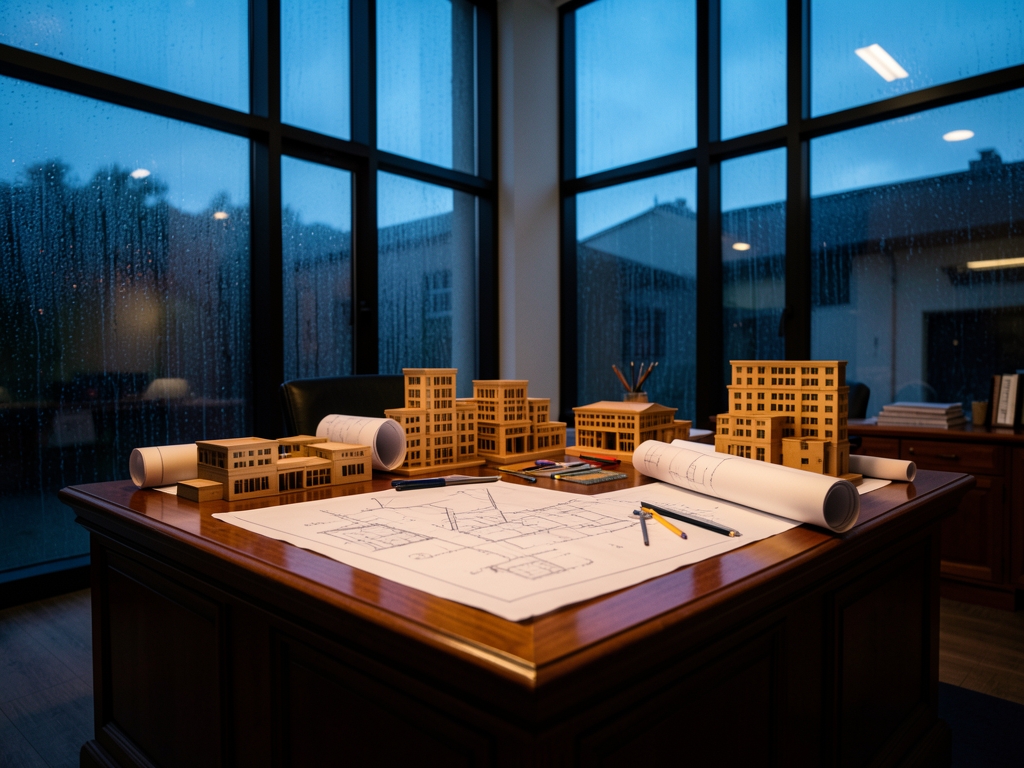 dimly architect s office dusk blueprints wooden scale models