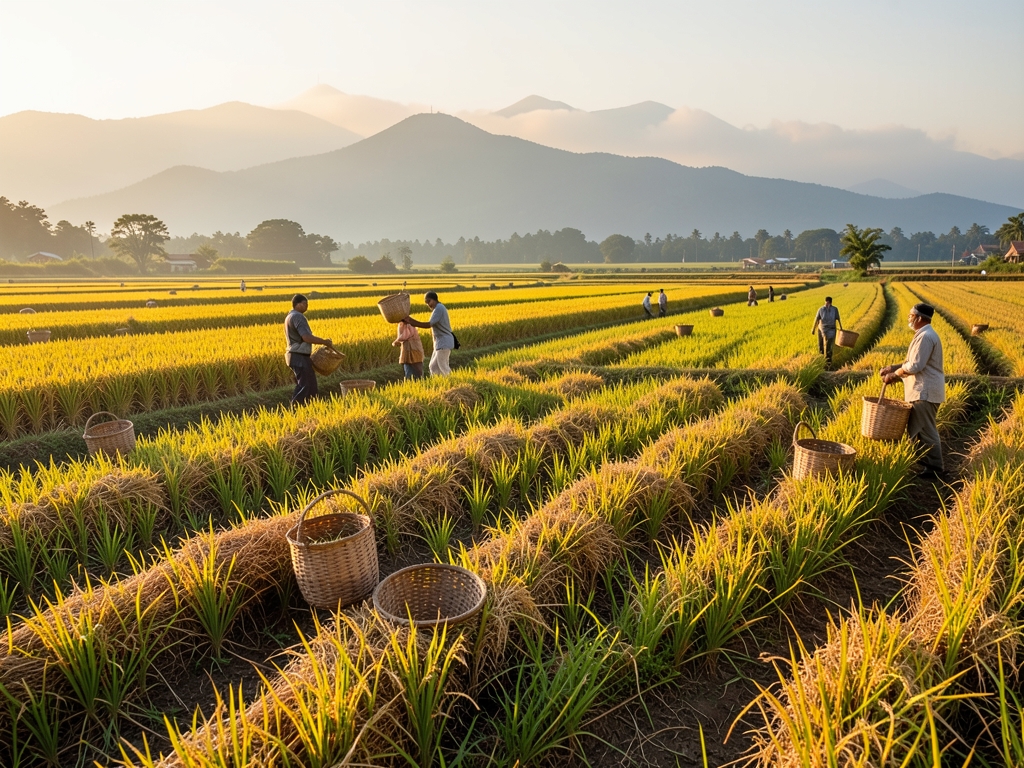 Lush harvested rice fields golden hour with woven