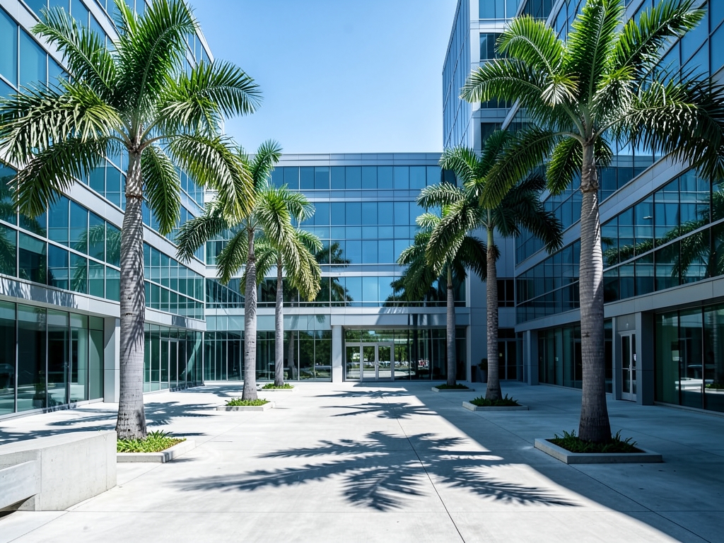Modern glass concrete government complex courtyard with palm