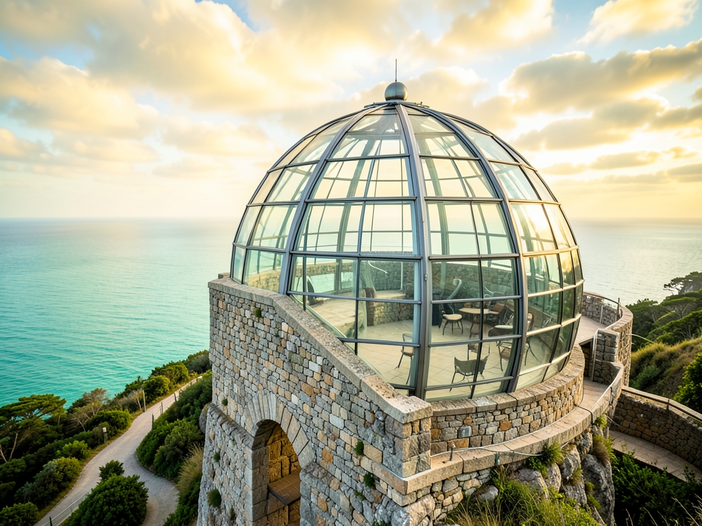 glass and stone globe pavilion overlooks calm seas under golden