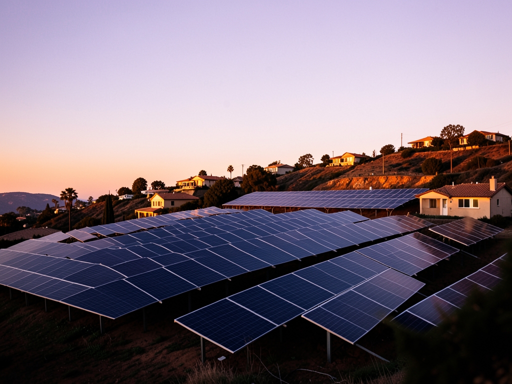 California hillside sunset with rows residential solar panels