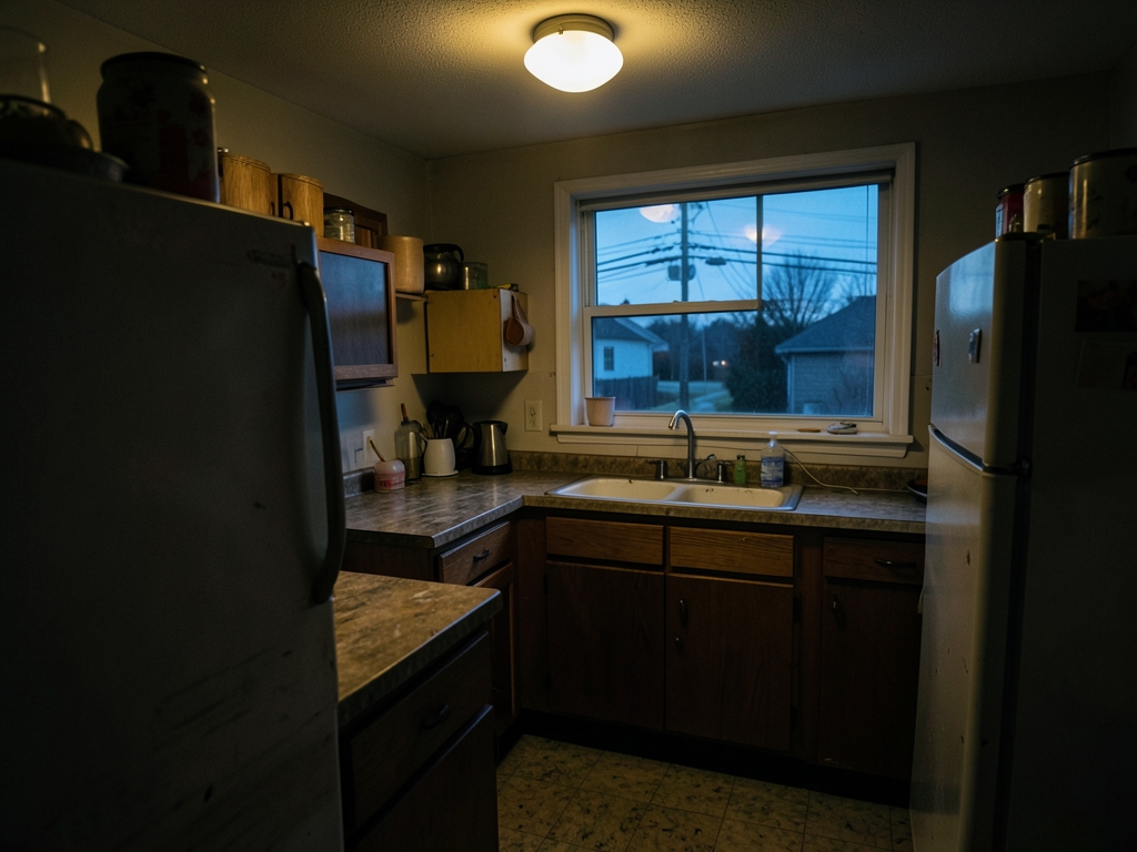 suburban kitchen dusk with single warm overhead bulb