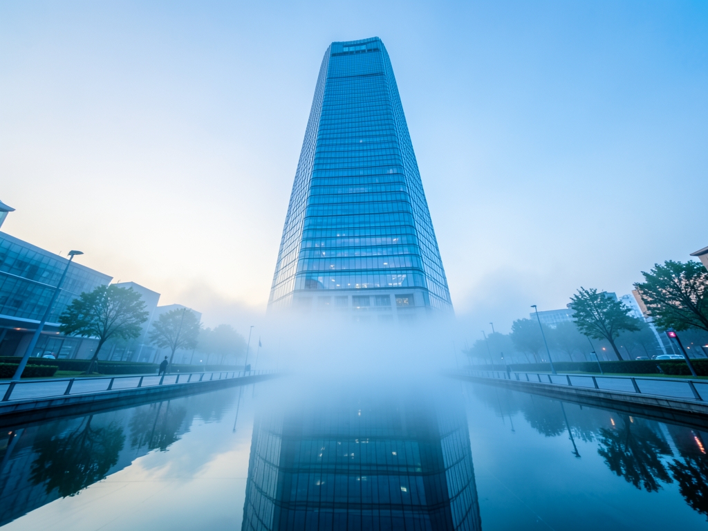 low angle view sleek glass and steel financial tower reflected glassy