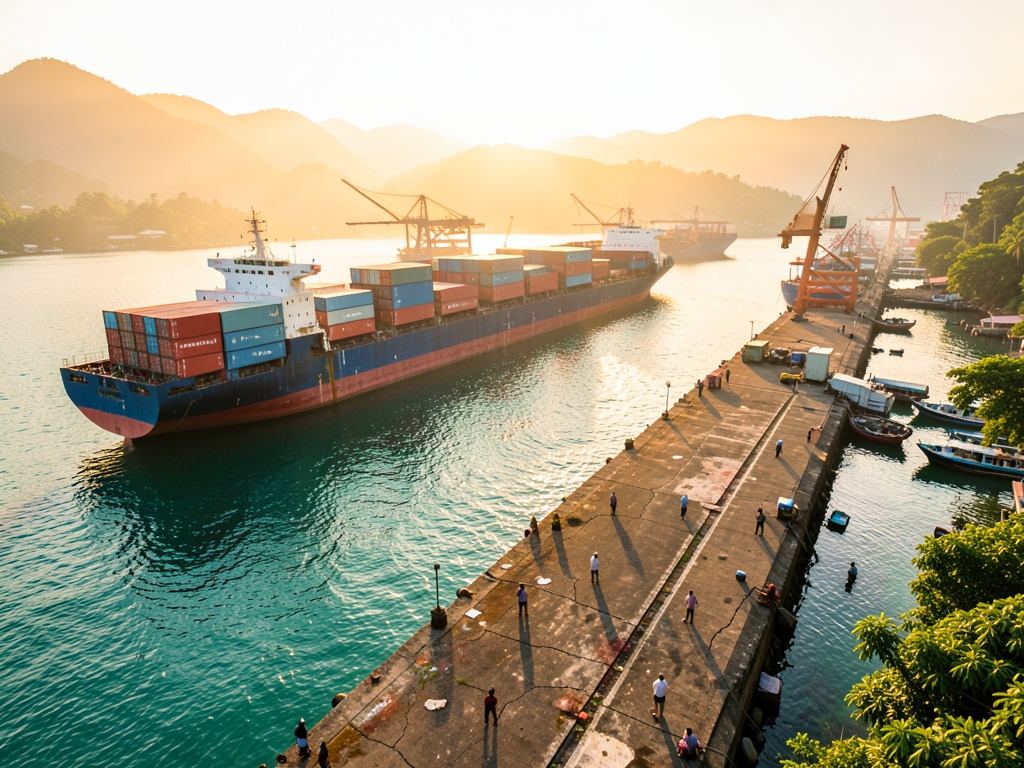 wide aerial view tropical harbor golden hour cargo