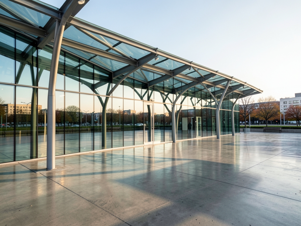 sweeping glass and steel transit pavilion under pale morning sky