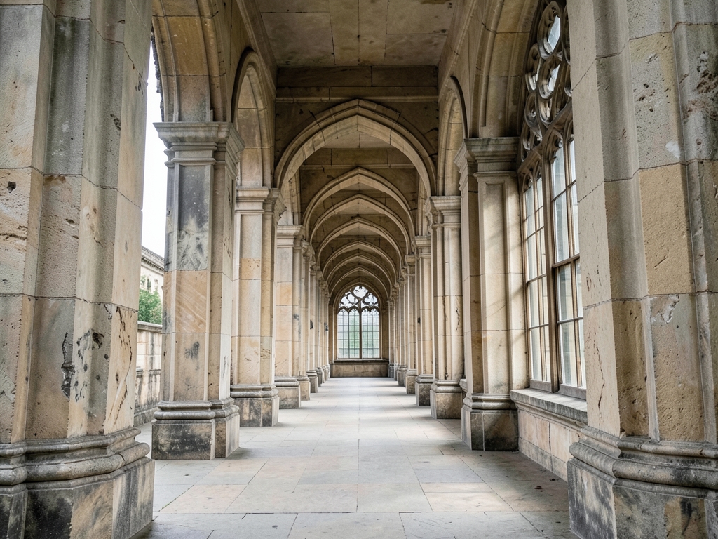 vast open air corridor framed weathered limestone tall arched