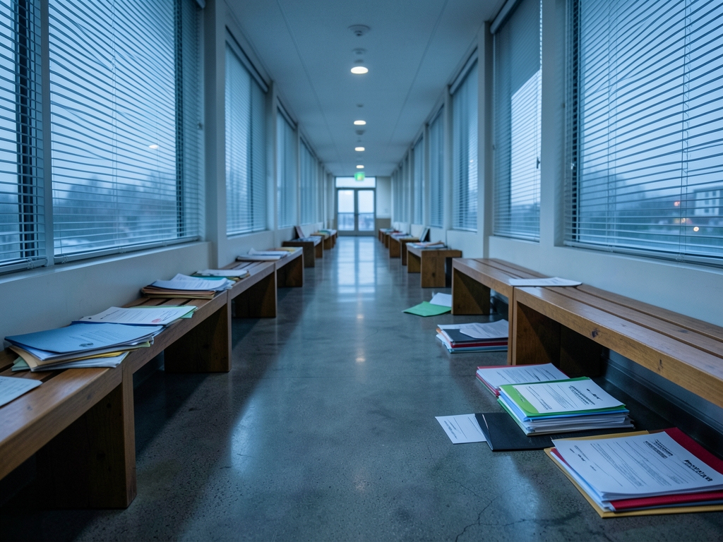 Empty corporate corridor dusk with wooden benches piled