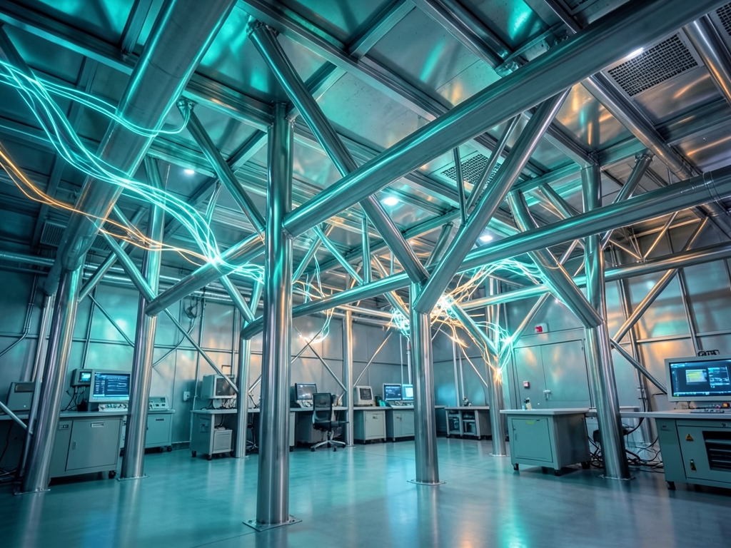 Futuristic engineering interior featuring glowing neural network visualizations