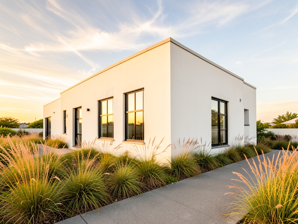 Vertical golden hour view modern white stucco house with