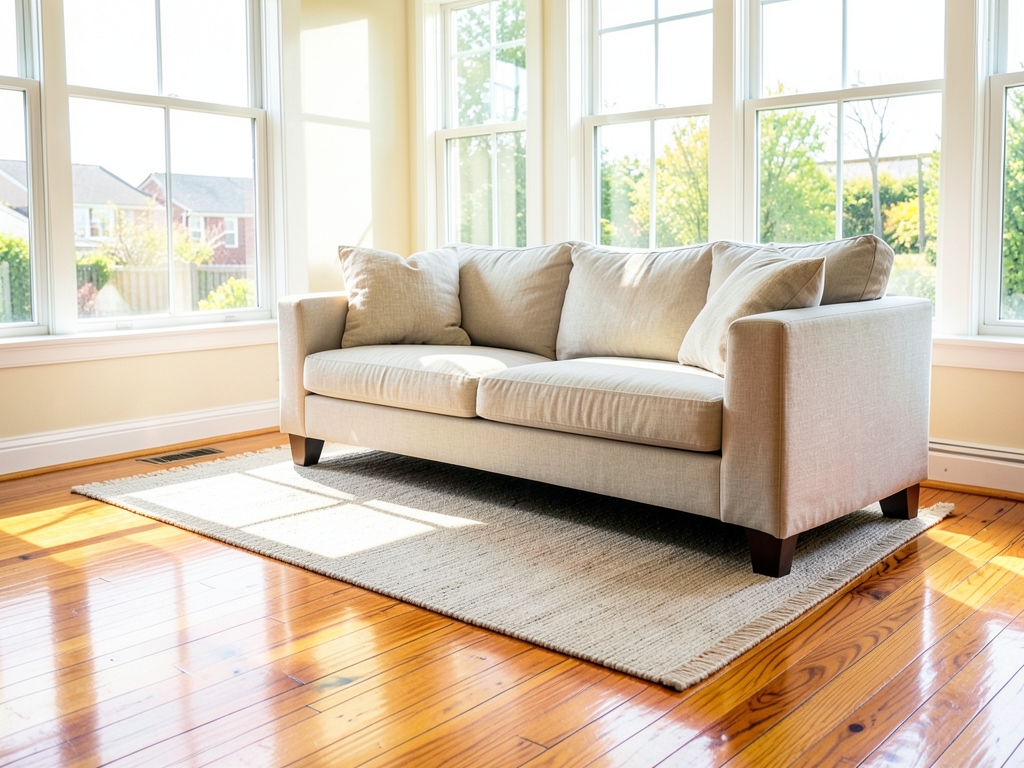 Bright airy living room with floors linen sofa