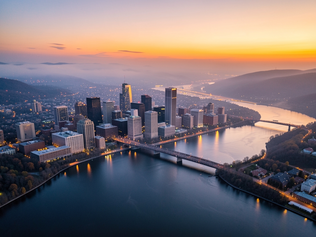 Wide aerial Pittsburgh skyline dusk with Allegheny Monongahela