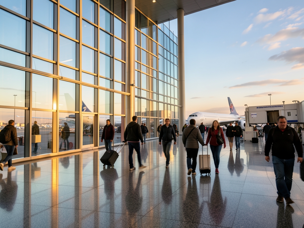 Golden hour view Pittsburgh International Airport terminal with