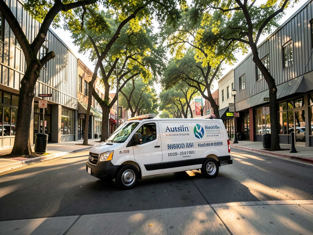 white plumbing service moving along sunlit Austin boulevard