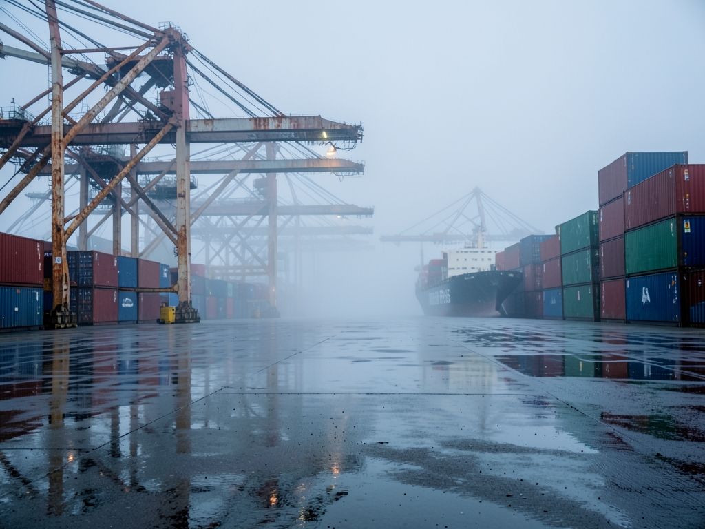 Fog shrouded container port dawn endless rows rusted steel