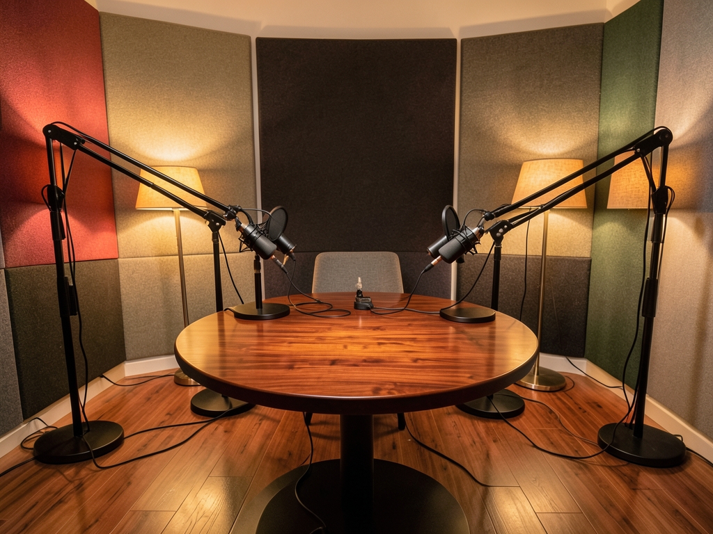 Cozy modern podcast studio interior with round wooden