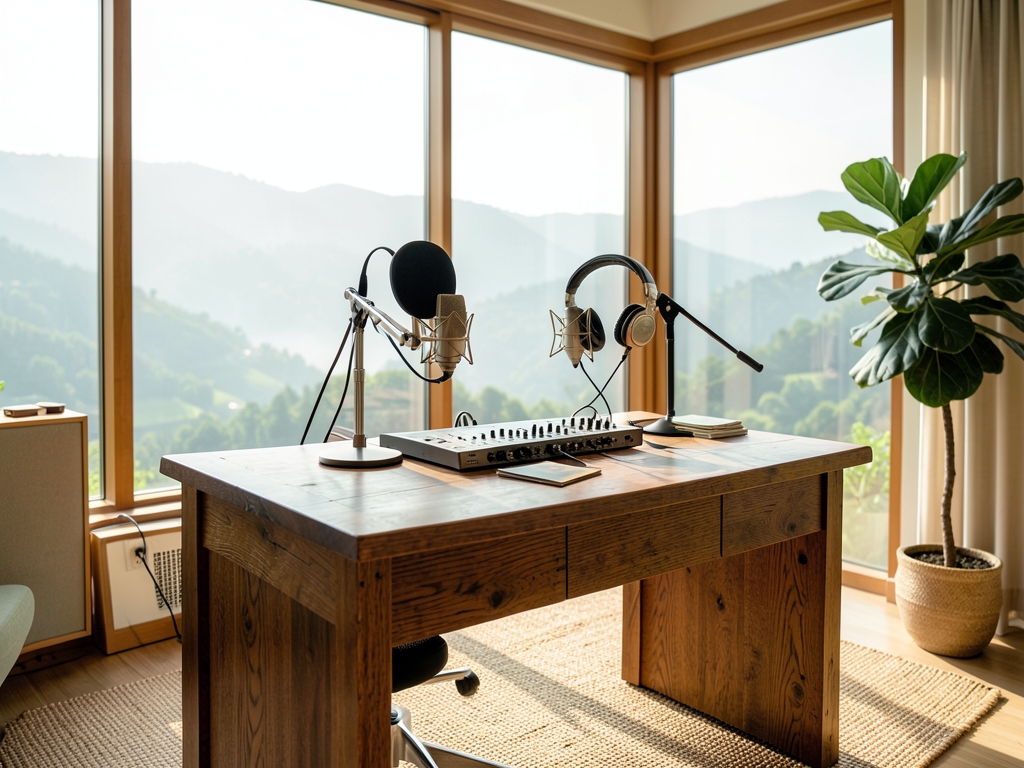 Quiet sunlit recording room with large windows overlooking