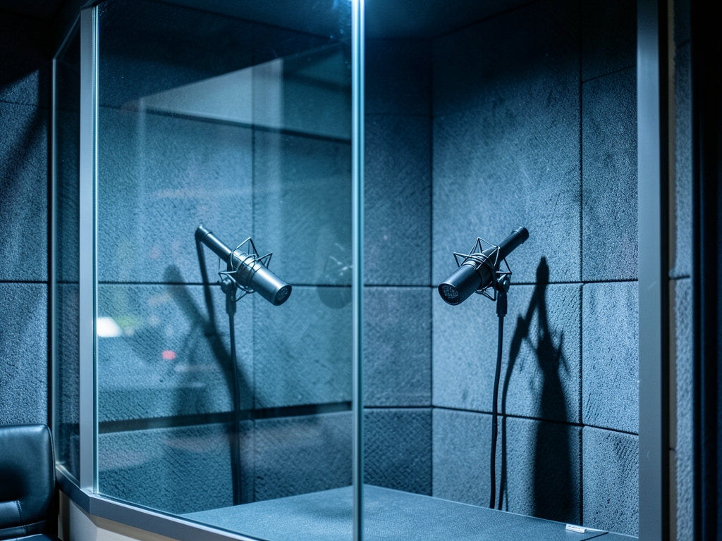 Soundproof podcast booth with glass partition microphone shadows