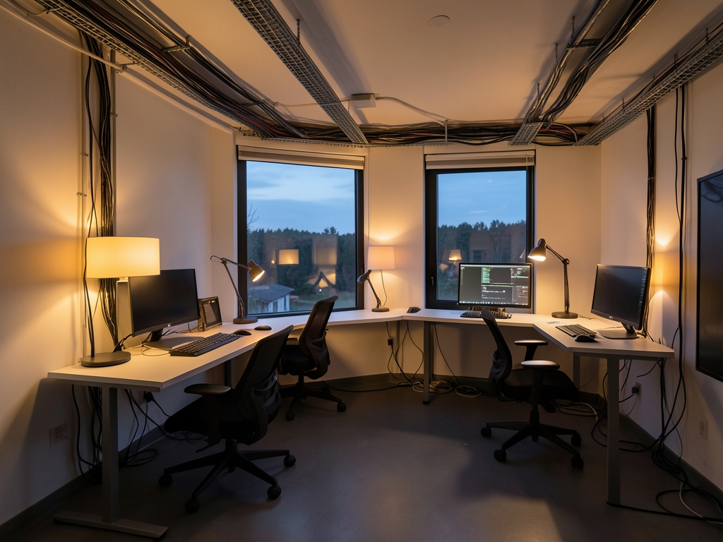 Modern post production suite dusk with cable trays warm