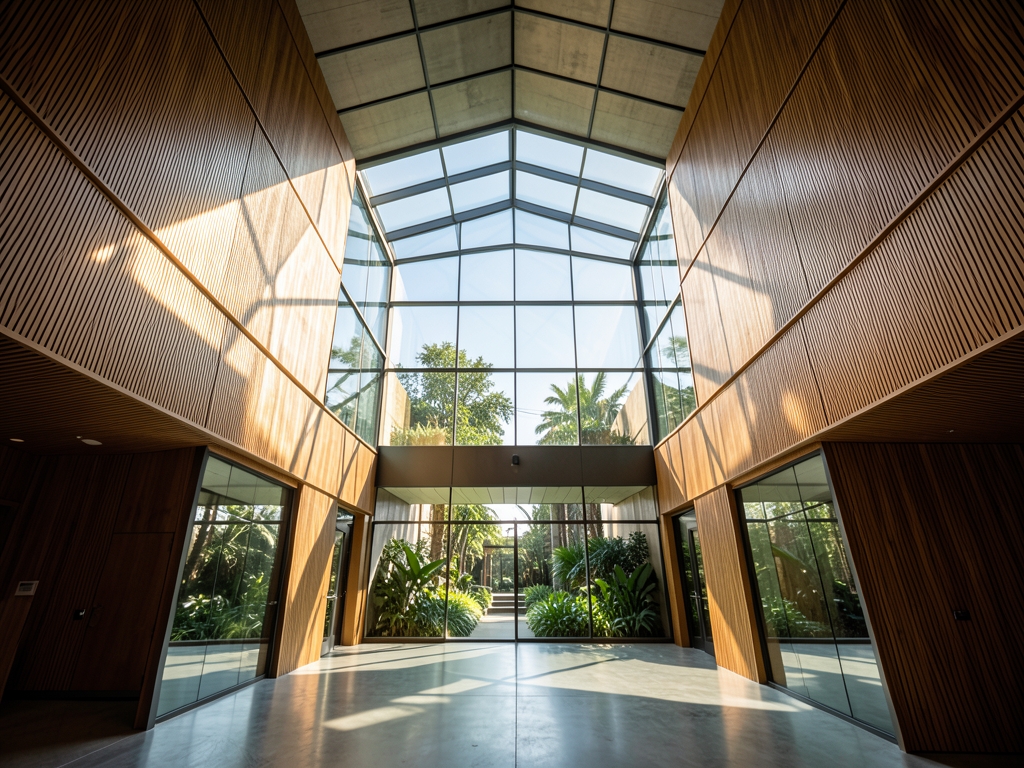 Sunlight streams through glass atrium modern podium housing