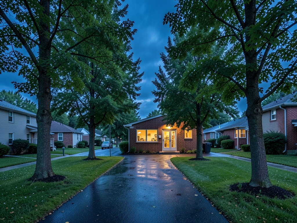 Quiet suburban path leading small brick clinic building