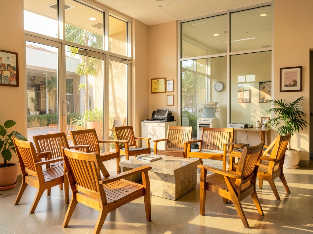 Warm sunlit medical clinic lobby with wooden chairs