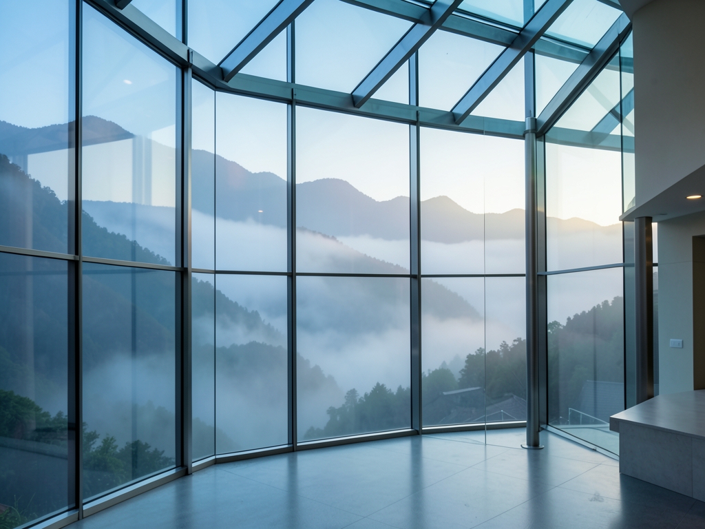 Modern glass atrium with transparent partitions overlooking misty