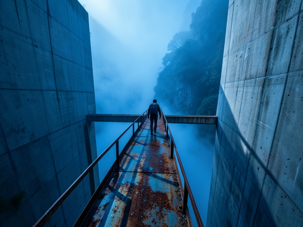 Narrow steel footbridge spanning deep fog filled gorge between