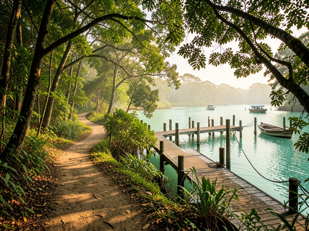 Sunlight filters through canopy coastal mangrove forest illuminating