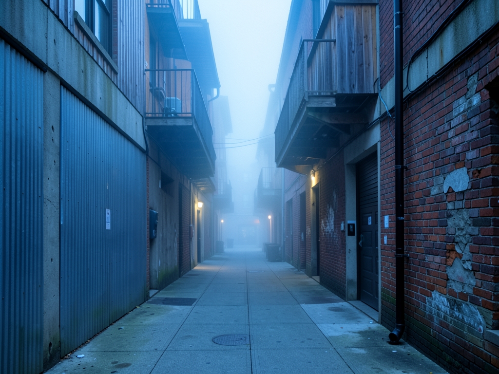 quiet early morning view down SoMa alley lined with