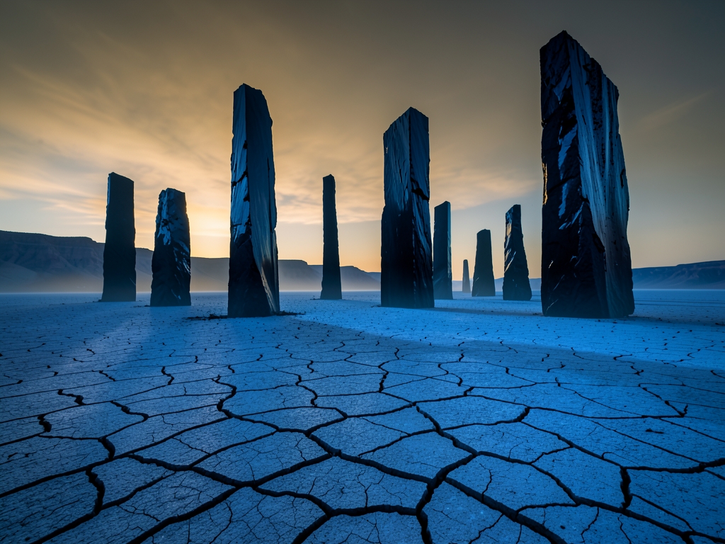 Prompt surreal desert landscape with towering obsidian monoliths