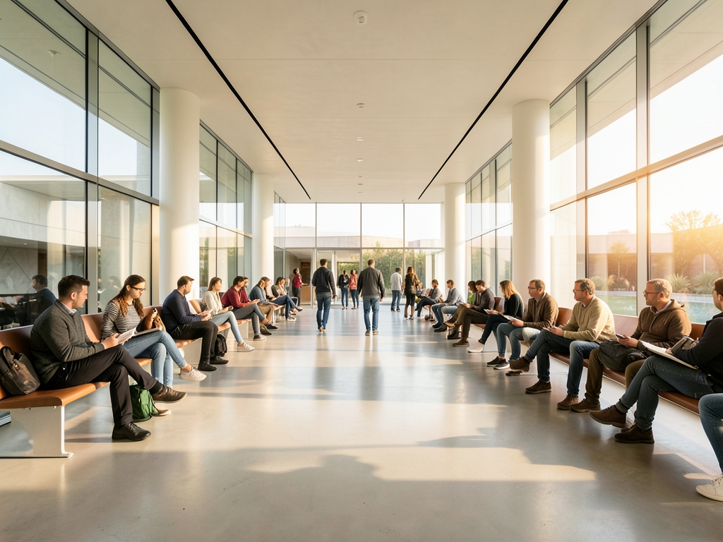 sunlit modern waiting hall with pale concrete floors