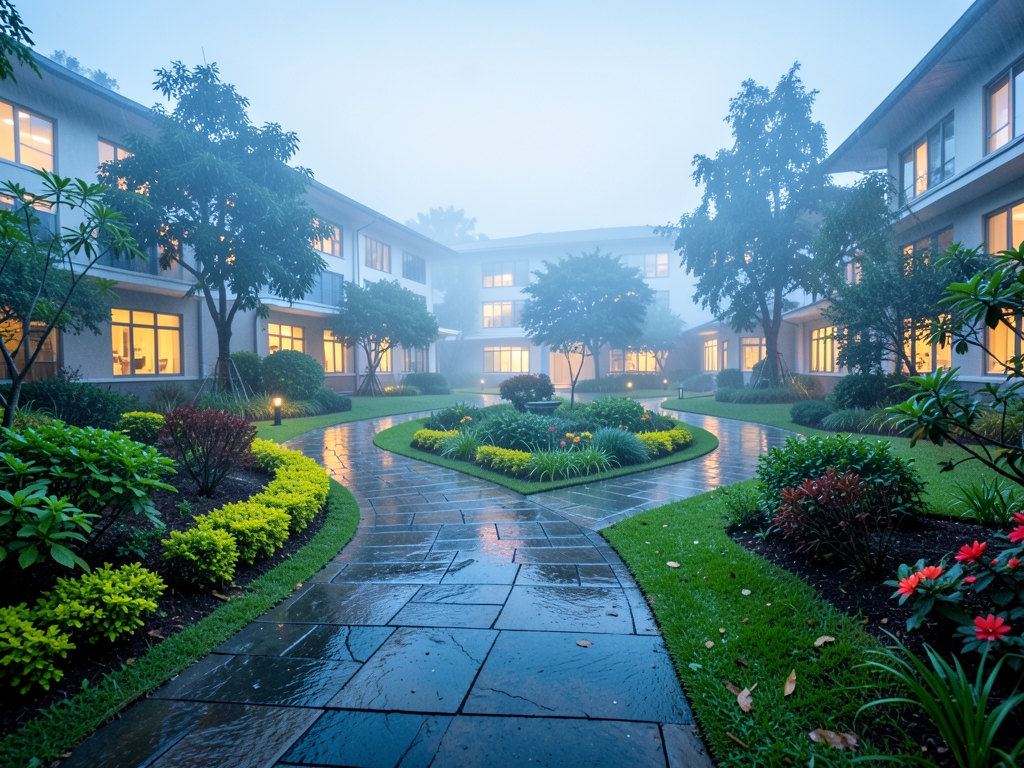 Misty healthcare campus dawn stone paths softly glowing