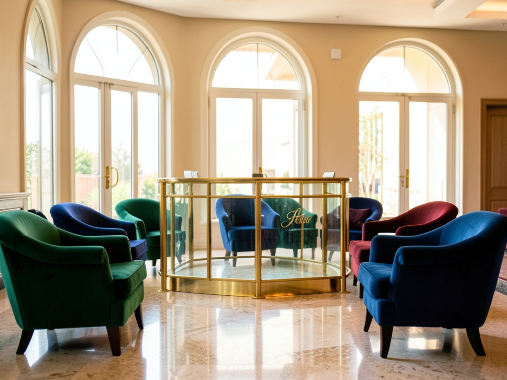 Modern luxury reception hall with brass glass service