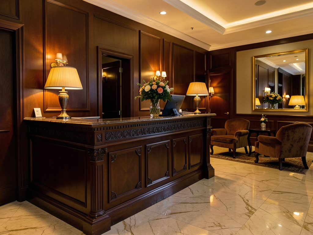 Elegant private members club lobby with dark wood