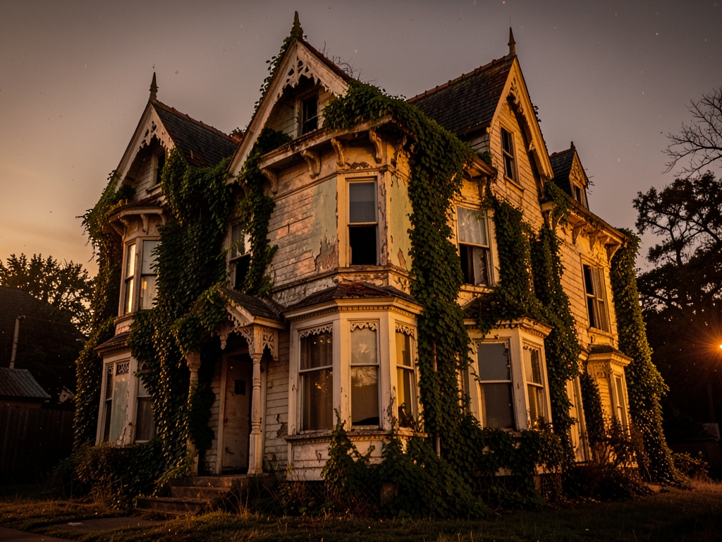 Dusk settles over weathered Victorian home with peeling