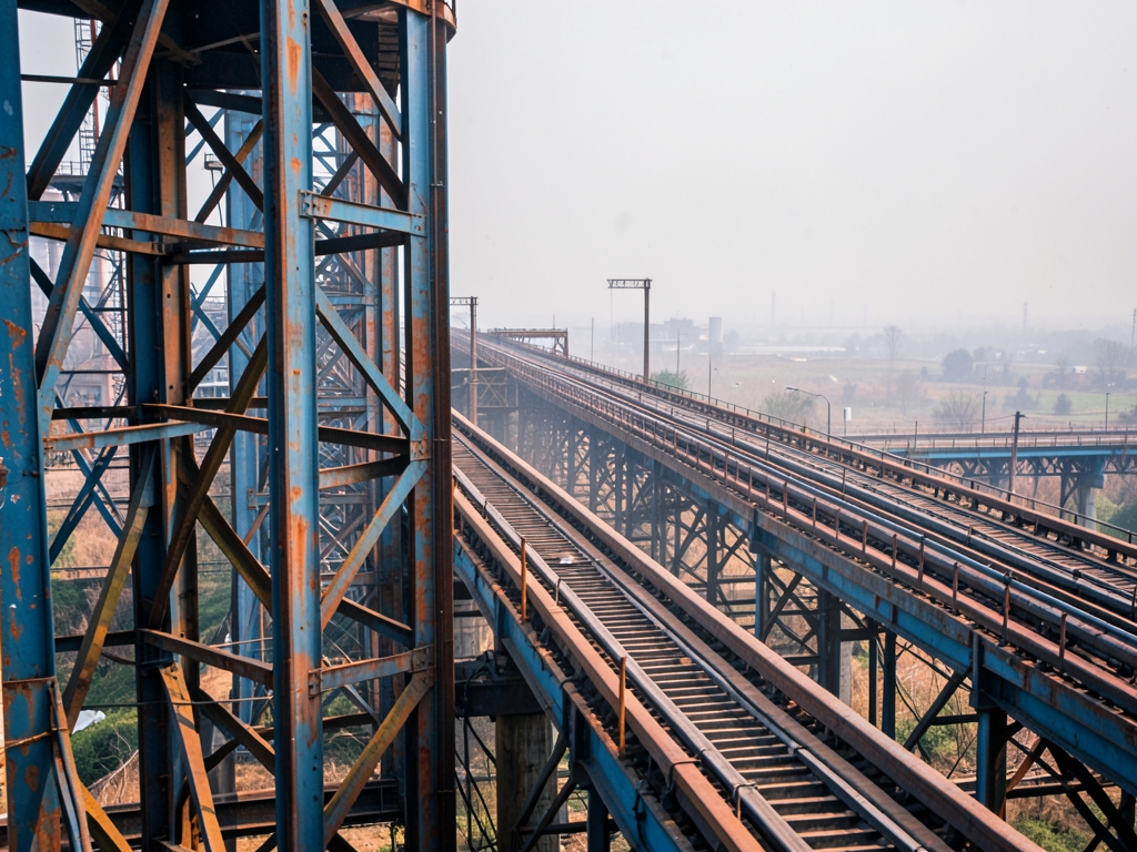 Steel frameworks conveyor belts stretch into distance under