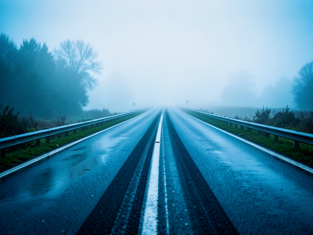 misty highway stretching into foggy horizon with dual